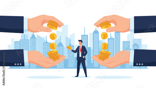 Businessman catches falling gold coins from giant hands with a blue city skyline in the background representing profit.