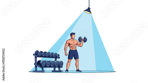Strong shirtless bodybuilder lifts a heavy dumbbell under a single bright spotlight in a gym with weights in back.