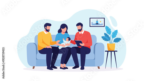 Happy family with a newborn baby sits on a sofa and looks at a digital tablet together in their modern home setting.