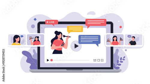 Laptop screen displays a live beauty tutorial streaming session with an influencer and various interactive chat bubbles.