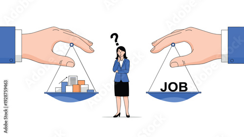 Professional woman stands between two scales weighing a career choice versus data analysis in a job search scenario.
