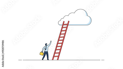 Ambitious businessman reaches for a tall red ladder that extends into a white fluffy cloud against a plain background.