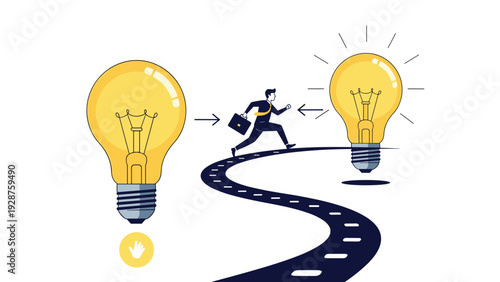 Energetic businessman runs on a winding road between two giant glowing light bulbs representing the path of innovation.