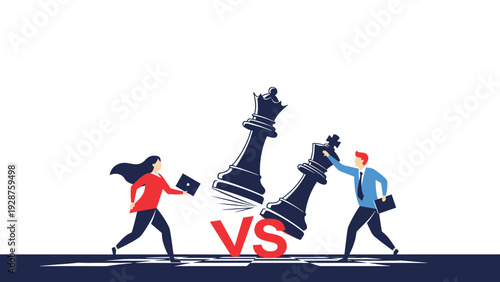 Two business professionals compete in a chess match with large pieces in a versus battle representing corporate rivalry.