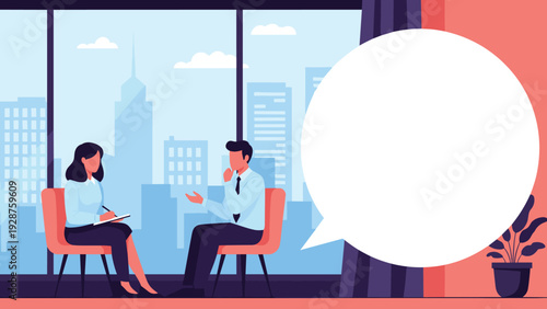 Professional woman interviews a male job candidate in an office setting with a large blank speech bubble for text.