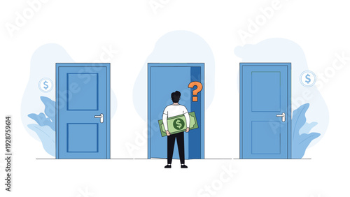 Man carrying a giant dollar bill stands at a crossroads in front of three doors with a floating question mark icon.