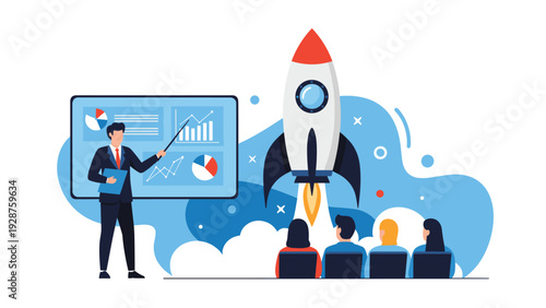 Business professional presents a startup plan with a rocket launching in the background to an audience of investors.