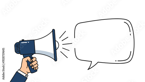 Close up view of a hand holding a megaphone with a large empty speech bubble for making a corporate announcement.