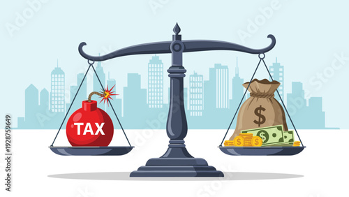 Mechanical scale weighs a large bag of money against a tax bomb with a city skyline in the background for finance.