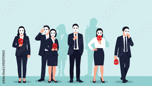 Group of diverse business people hold white masks and red masks representing deception and hidden identities at work.