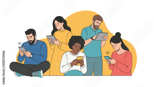 Group of diverse young people are absorbed in their smartphones and tablets while sitting or standing together.