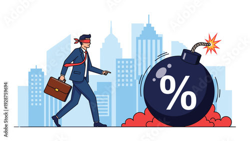 Blindfolded businessman walks towards a large percentage symbol bomb in a city representing hidden financial risks.