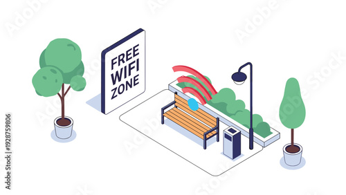 Modern isometric public park bench area featuring a free wifi zone sign with red and green wireless signal waves above it.