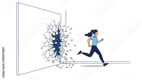 Energetic woman wearing casual blue clothes runs through a solid white wall that is shattering into many small fragments.