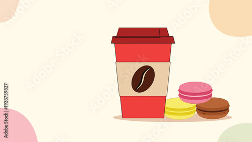 Red take away coffee paper cup with a brown sleeve placed next to three delicious colorful macarons on a pale background.