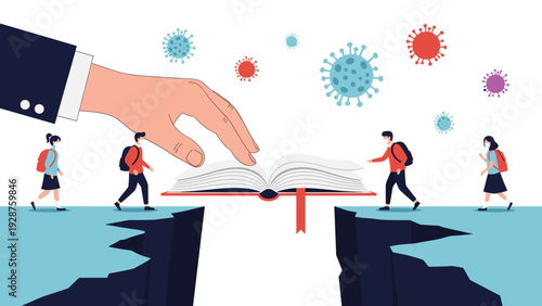 Giant hand places an open book as a bridge over a deep chasm to help students cross safely during a virus pandemic period.