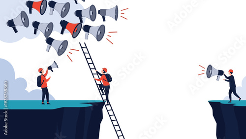 Workers use megaphones on cliffs while one man climbs a tall ladder to reach a huge cloud of floating speaker devices.