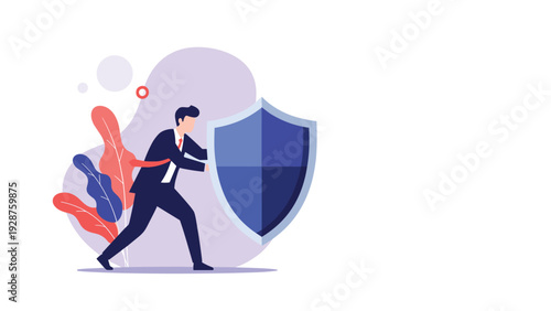 Strong businessman in a professional dark suit pushes forward a large blue security shield on an abstract floral background.