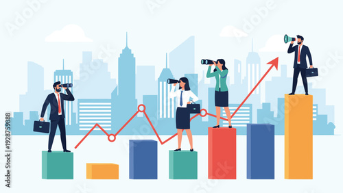 Group of diverse business professionals stand on tall bar charts and look through binoculars to find future market trends.