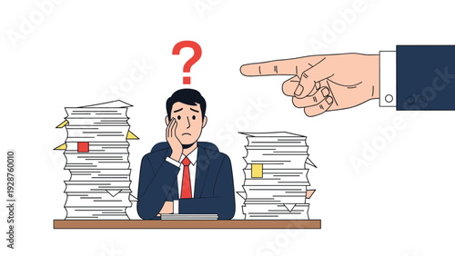 Stressed businessman sits at a desk with huge piles of paperwork while a giant hand points at him with a question mark above.