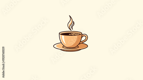 Minimalist illustration of a light brown coffee cup on a matching saucer with steam rising above it on a pale background.