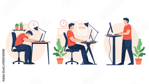 Illustration showing three stages of office ergonomics including slumped sitting, correct posture, and using a standing desk.