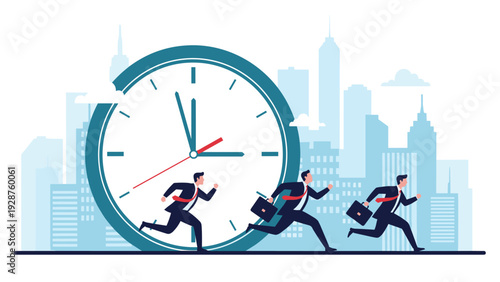Three determined businessmen in suits carry briefcases and run fast in front of a giant blue clock face in a city skyline.