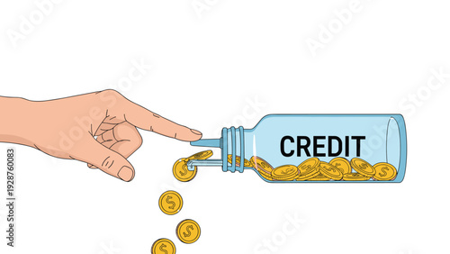Giant hand uses a finger to tilt a horizontal glass bottle labeled credit so that gold dollar coins pour out onto the floor.