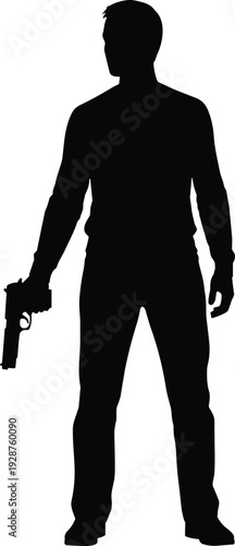 Black beetle silhouettes collection including stag longhorn ground leaf species plus male secret agent holding handgun isolated on white for wildlife and action design