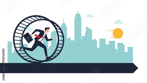 Tired businessman in a suit carries a briefcase and runs inside a giant hamster wheel in front of a modern city skyline.