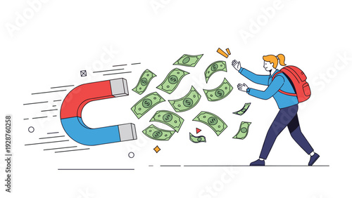 Large horseshoe magnet attracting many flying dollar banknotes while a young woman with a backpack tries to catch the money.