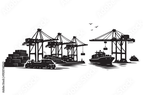 Commercial Port Silhouette Panorama, Vector Illustration, Isolated on White Background