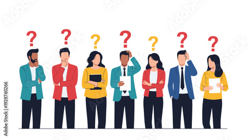 Group of diverse men and women standing in a line with various colored question marks floating above their heads in the air.