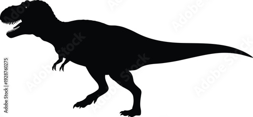 Black Tyrannosaurus Rex silhouette isolated on white background, predatory dinosaur profile for prehistoric education, t-rex vector illustration for ancient wildlife logo and design.