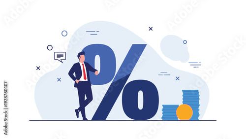 Businessman in formal suit leaning on a large percentage sign representing financial growth, interest rates, and loan investments for business.