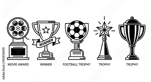 Collection of icons depicting different awards and trophies including a film reel award, a winner's cup, a soccer trophy, and two general trophies
