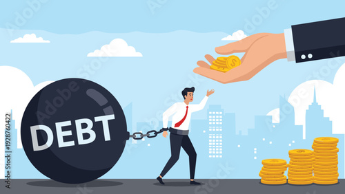 Stressed worker chained to a heavy debt ball reaches for golden coins from a large hand symbolizing financial assistance or credit.