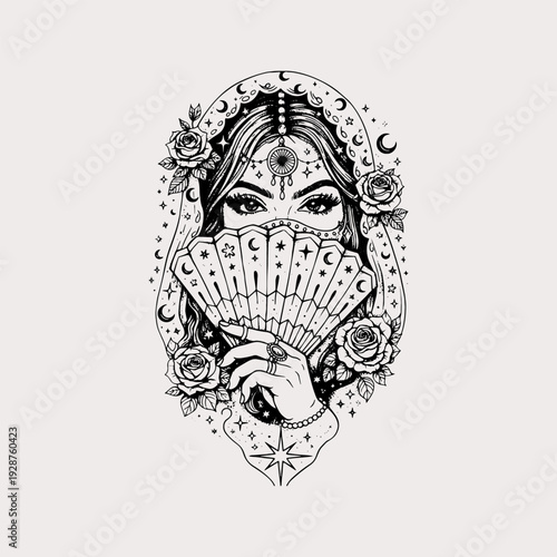 Mystical Woman with Ornate Fan Roses and Celestial Veil Art