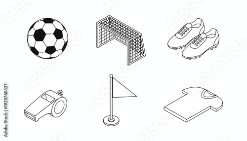 Soccer icons set including ball, goal, shoes, whistle, flag, and jersey on a white background viewed from directly above