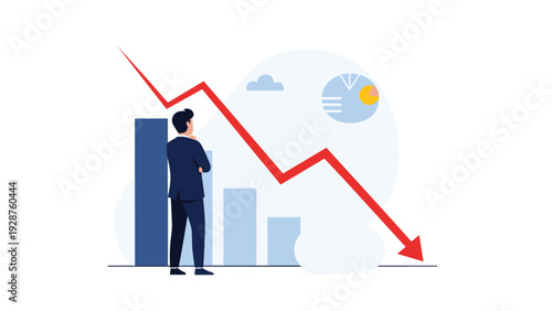 Worried businessman looking at a financial bar chart with a red downward arrow indicating economic recession, market loss, or business failure.