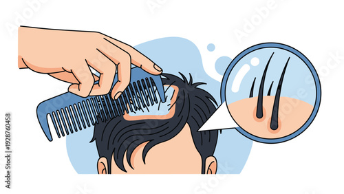 Man suffering from hair loss being examined with a magnifying glass showing scalp skin and remaining follicles for medical treatment.