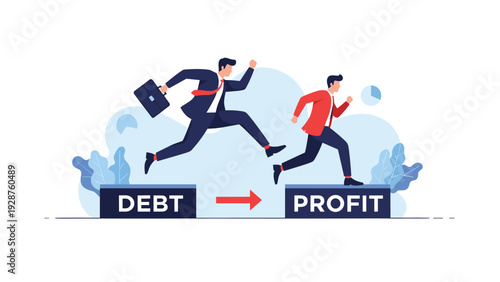 Professionals running and jumping from a platform labeled debt to profit indicating financial success and positive business transformation.