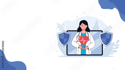 Online medical consultation with a professional female doctor on a digital tablet featuring health protection shields and a heartbeat heart icon.