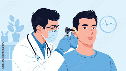 Male doctor wearing a surgical mask and glasses examining a young male patient ear using a medical otoscope in a clinical hospital room.