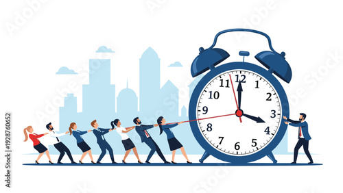 Diverse business team pulling a rope to move the hands of a giant alarm clock symbolizing deadline pressure, time management, and hard work.