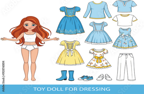 Fashion paper doll with dress up clothes set, cute toy girl character vector illustration for kids printable craft and wardrobe design