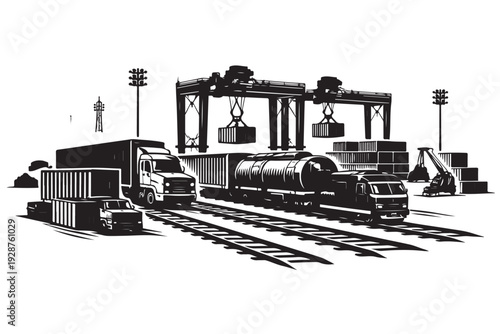 Cargo Rail Yard Silhouette, Vector Illustration, Isolated on White Background