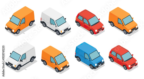 Isometric set of colorful delivery vans and cars for urban transportation.