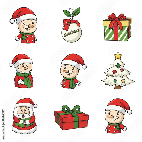 Cute cartoon Santa Claus set featuring a happy Claus with gifts and a decorated Christmas tree for a festive winter holiday celebration