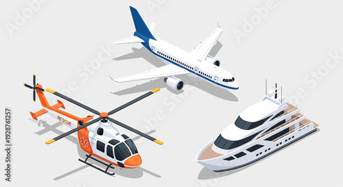 Luxury Helicopter Airplane and Yacht Illustration.
